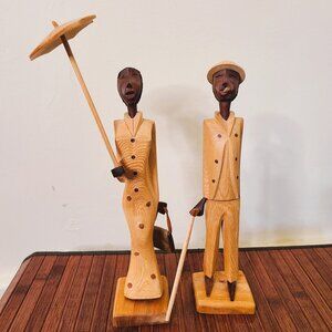 Vintage Cuban Folk Art Hand Carved Wooden Man & Woman Teak Wood Figurines